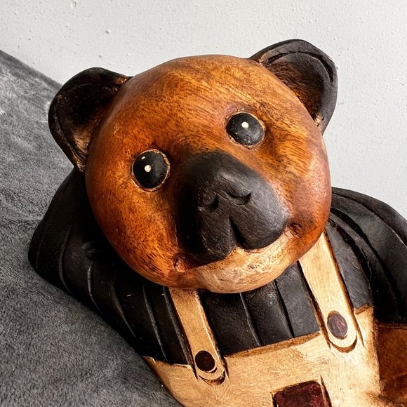 Della - A bear I carved for a baby nursery. #dellameredith  Vintage Carved Wooden Bear Figure Decoration Laying Overalls Nursery Northwoods